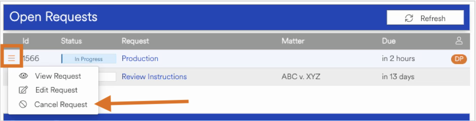 Open Requests interface showing options to view, edit, or cancel requests.